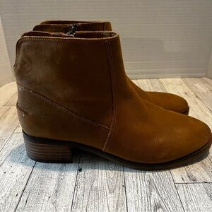 Lucky Brand Pedera Leather Ankle Boots Brown Stacked Heel Side Zip Bootie 7M